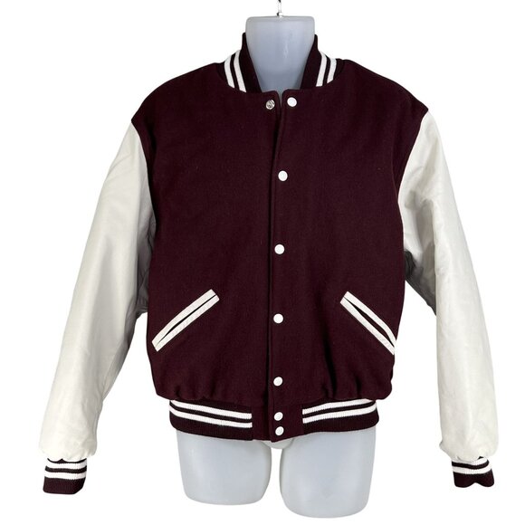 Rennoc Classic Men M Varsity Letterman Bomber Jacket Wool Quilted Burgundy White - Picture 10 of 16